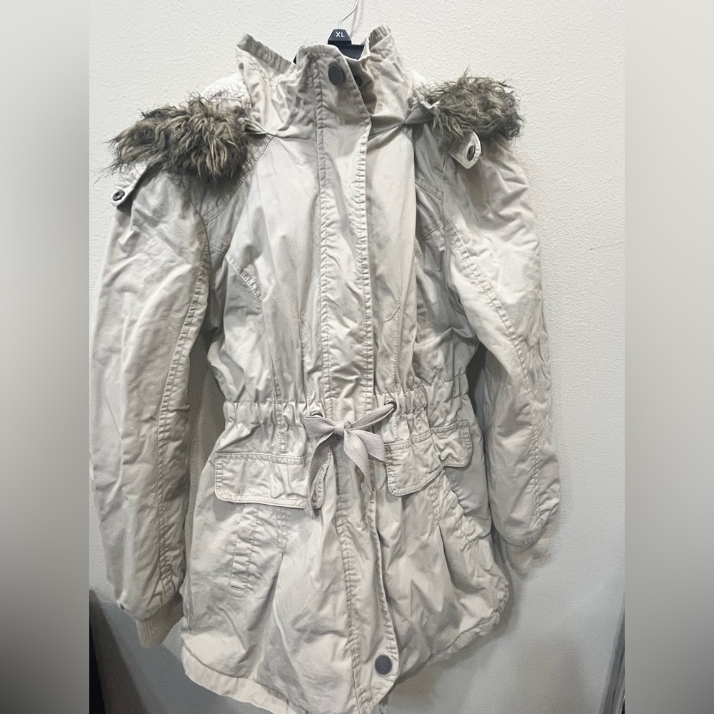 Rue21 Beige Quilted Jacket with Red and Orange Accents